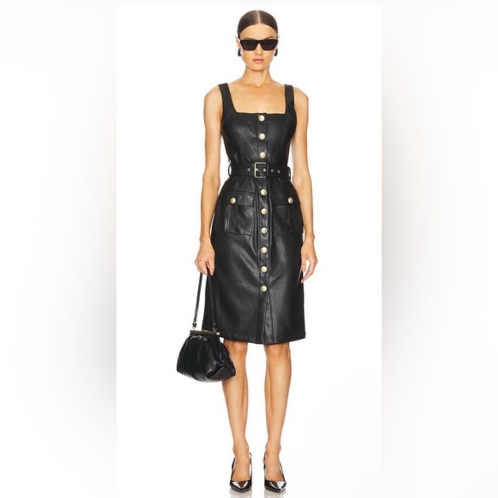L'AGENCE Idy Black Midi Dress with Gold Accents Button Down Front